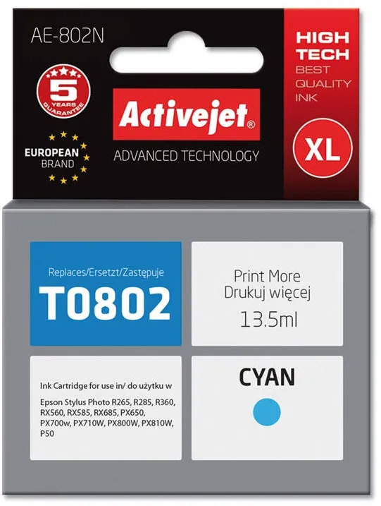 Cartus Imprimanta ACTIVEJET Compatibil AE-802N for Epson printer, Epson T0802 replacement; Supreme; 13.5 ml; cyan