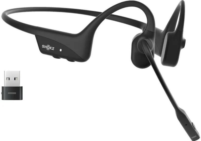 Casti SHOKZ SHOKZ OpenComm2 UC 2025 Upgrade Wireless Bluetooth Bone Conduction Videoconferencing Headset with USB-C Charging Port and USB-A adapter | 16 Hr Talk Time, 29m Wireless Range, 1 Hr Charge Time | Includes Noise Cancelling Boom Mic and Dongle
