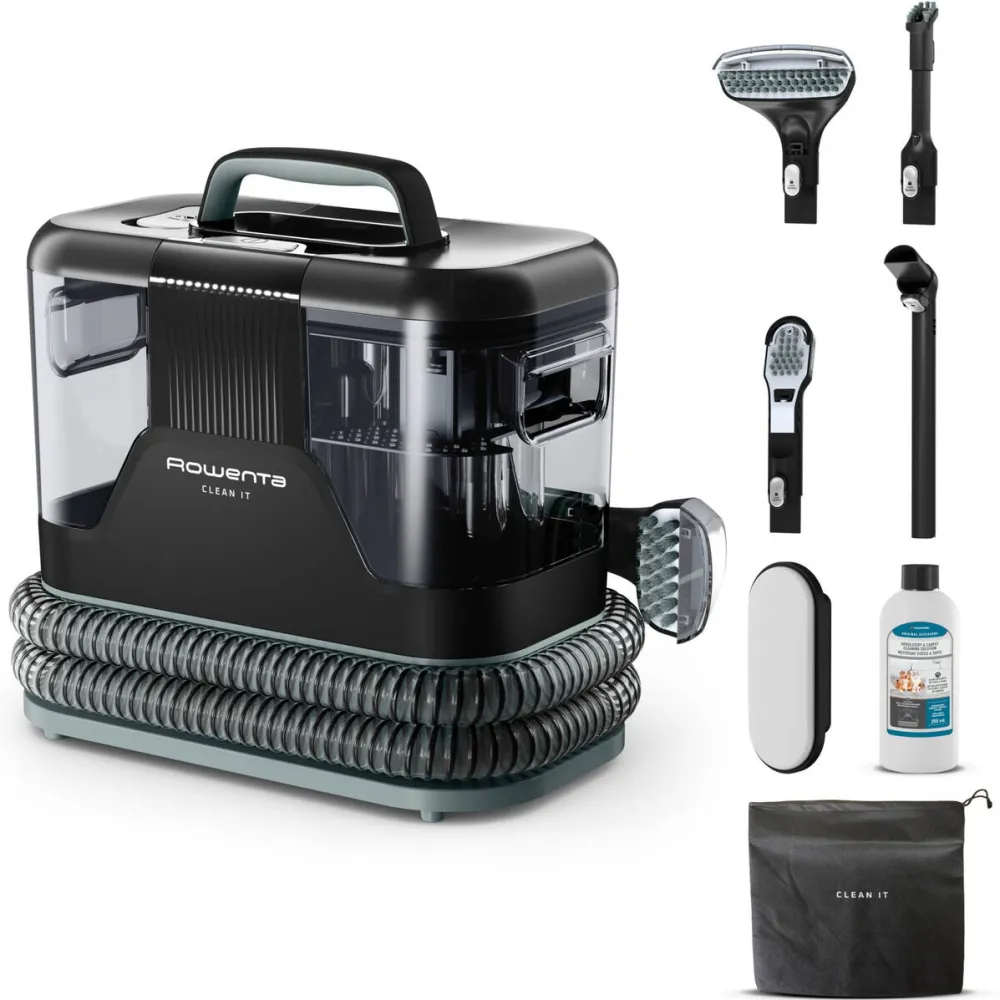 Aspirator ROWENTA cu spalare Clean IT IN5021F0, 750W, putere aspirare 13.5kpa, rezervor apa & detergent 2.3L, rezervor apa murdara 1.5L, perii 8/15 cm, accesoriu spatii inguste & incaltaminte, auto clean, husa, pad inlaturare scame, Negru