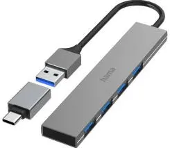 Docking Station HAMA USB Hub, 4 Ports, USB 3.2 Gen 1, 5 Gbit/s, Ultra-Slim, incl. USB-C Adapter