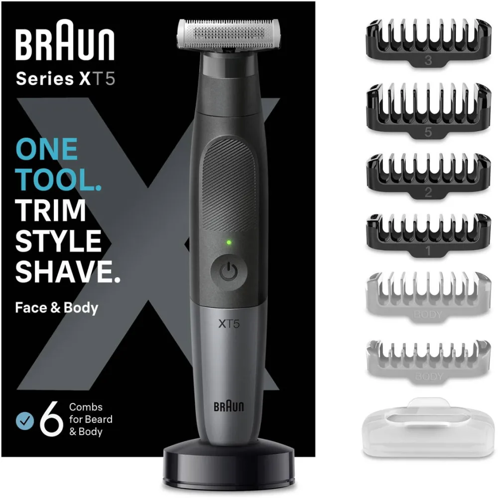 BRAUN Aparat hibrid de barbierit si tuns barba Series X XT5300 Wet&Dry, Lama 4D, 6 piepteni, 1 capac de protectie, autonomie 45 minute, Husa, Suport de incarcare, Negru