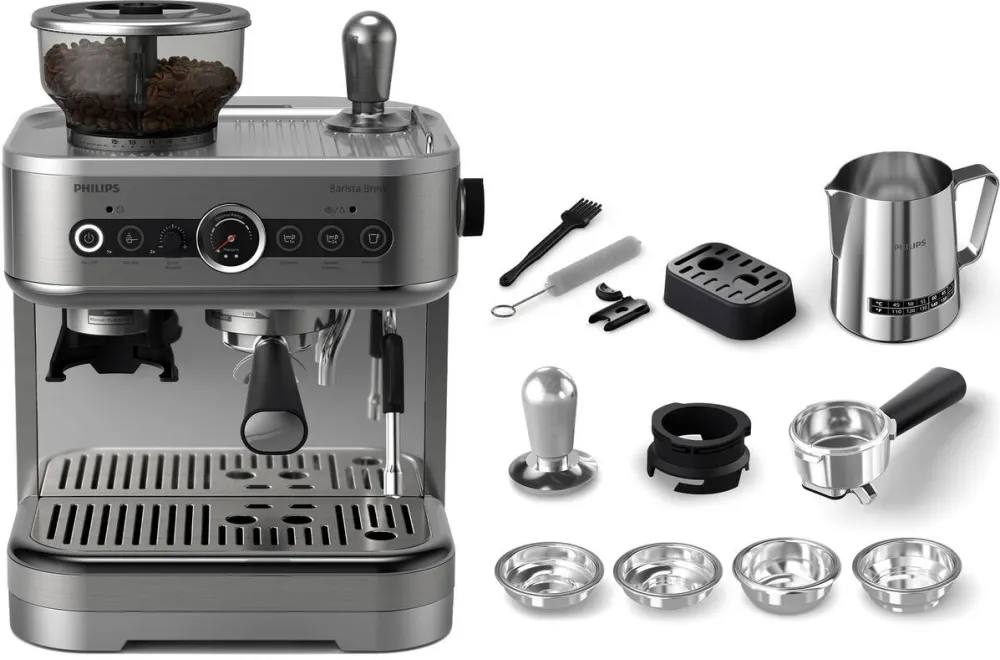 Espressor Philips Barista Brew PSA3228/01 semi-automat cu rasnita conica metalica, 15 dimensiuni de macinare, 15 bari, 1350W, recipient boabe dual de 280 g, sigiliu premium calibrat, vas lapte Temperature Perfection, 450 ml, gri