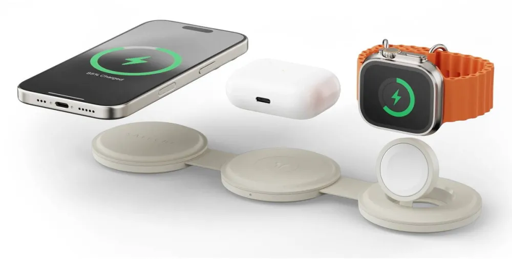 Satechi Incarcator Wireless 3 in 1 pliabil Qi2, pentru dispozitivele Apple, Magsafe, Statie de incarcare pentru Iphone, AppleWatch, AirPods, Samsung, OnePlus, Bej
