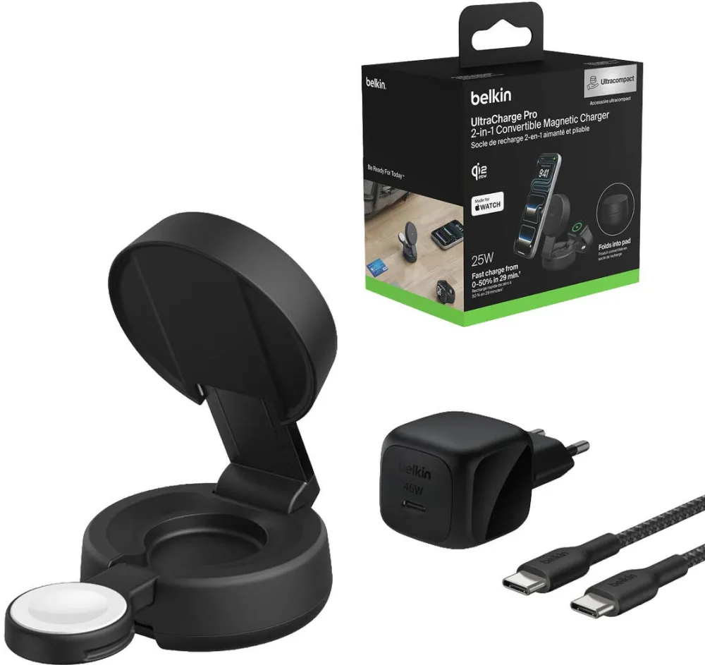 BELKIN Incarcator magnetic 2in1 Belkin UltraCharge Pro, 25W, grafit, 6,7x3,7x6cm