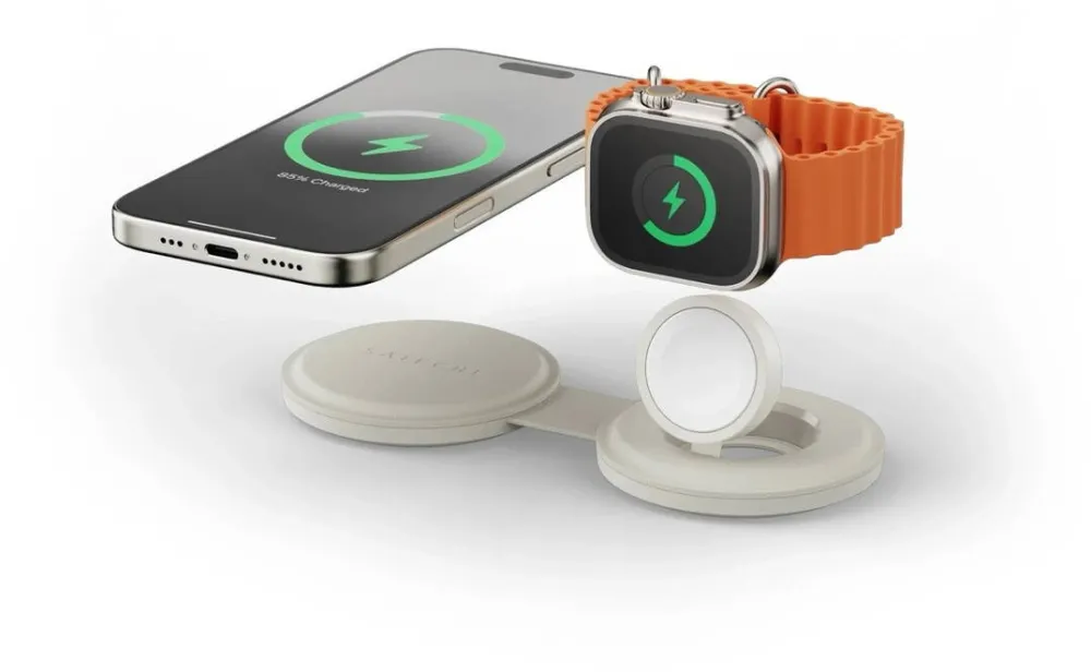 Satechi Incarcator Wireless 2 in 1 pliabil Qi2, pentru dispozitivele Apple, Magsafe, Statie de incarcare pentru Iphone, AppleWatch, AirPods, Samsung, OnePlus, Bej