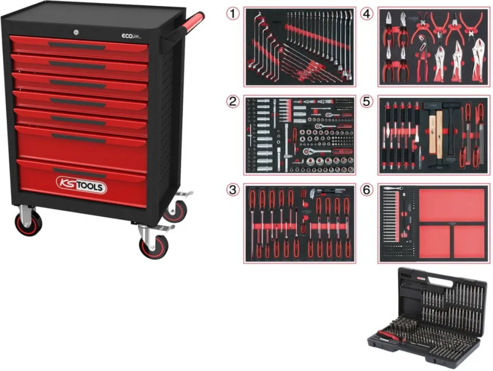 KS Tools Carucior de atelier Ecoline negru/rosu 7 sertare- 598unelte
