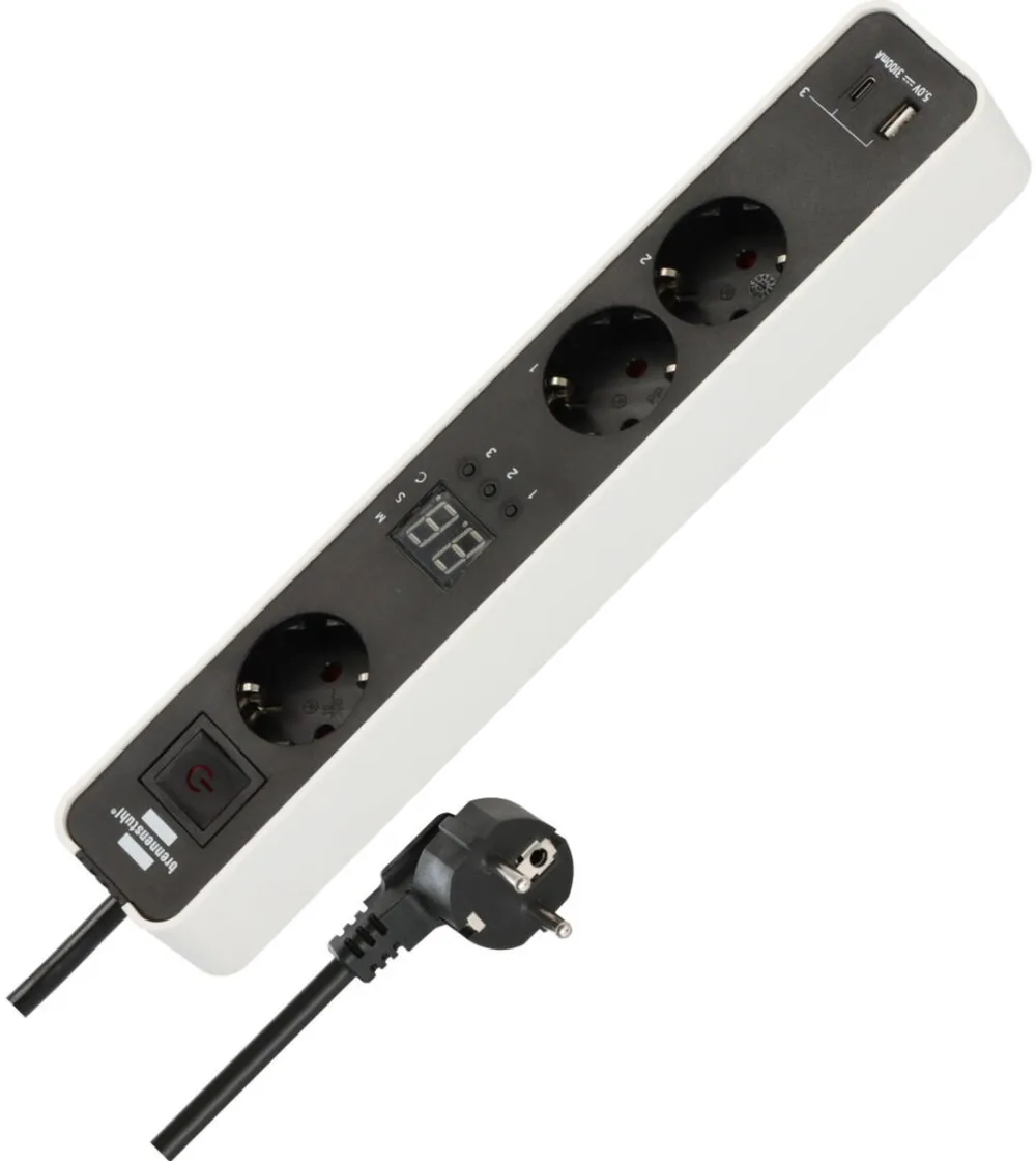 Brennenstuhl Brennenstuhl Ecolor 3-way power strip, 2x USB, with 3 countdown timers white/black, 1.5 meter cable, USB-A, USB-C, with safety switch