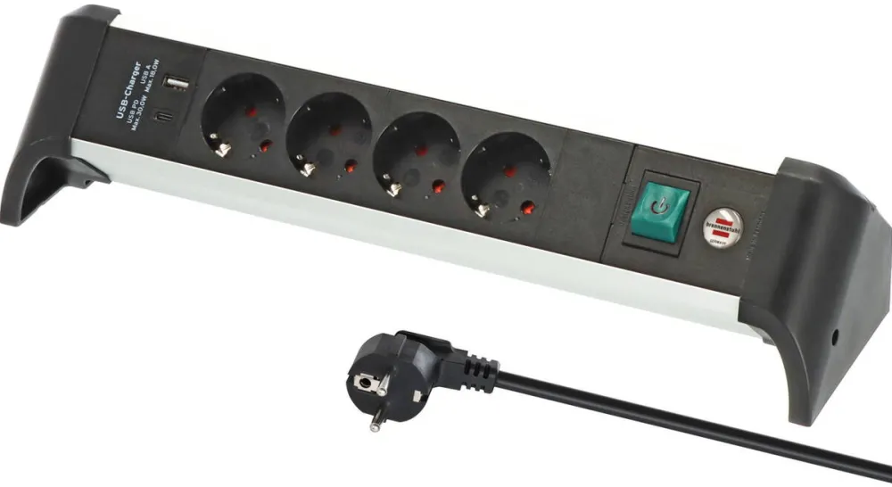 Brennenstuhl Brennenstuhl Alu-Office-Line 4-way power strip, 2x USB, for the desk, black/aluminum, 1.8 meter cable, USB-A, USB-C PD, with safety switch
