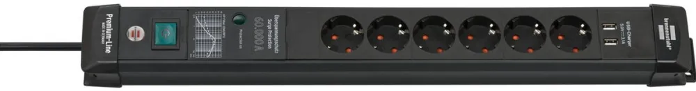 Brennenstuhl Brennenstuhl Premium-Line 6-way power strip, black, 3 meters, 60,000A surge protection, 2x USB-A
