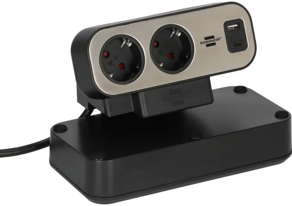 Brennenstuhl Brennenstuhl estilo Duplex 9-way table power strip, 2x USB, black/silver, 2-meter cable, USB-A, USB-C, with illuminated safety switch