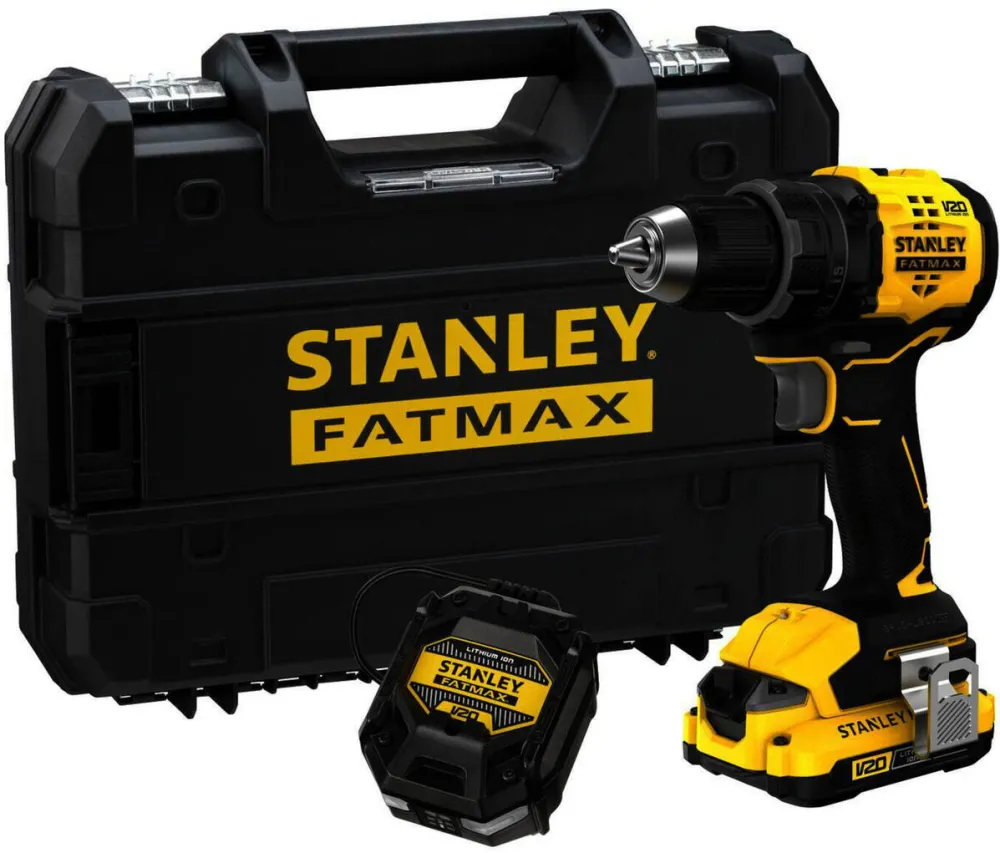 STANLEY cordless drill/driver (SFMCD714D1T-QW), 18 volts (black/yellow, Li-ion battery 2.0 Ah, Pro-Stack case)