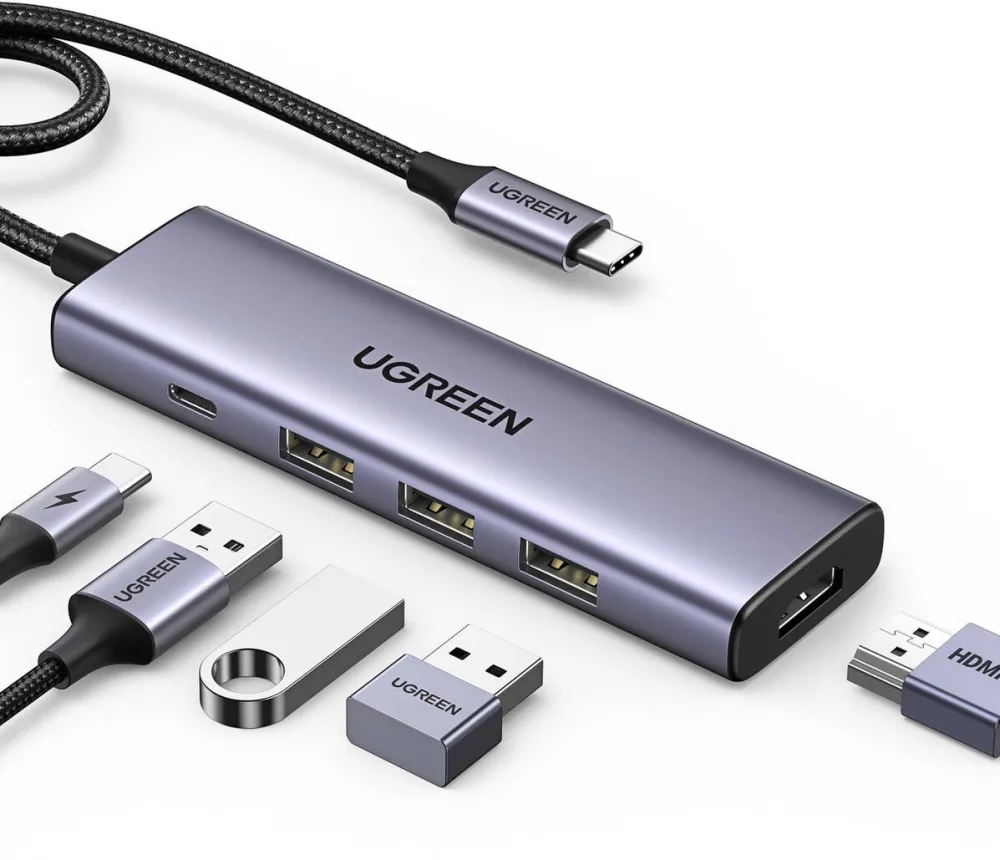 Docking Station UGREEN Adaptor HUB 5-in-1 UGREEN CM511, USB-C la 3x USB 3.0, 1x USB-C PD 100W, 1x HDMI 1.4, 4K, 30Hz 5Gbps, 15cm, Gri