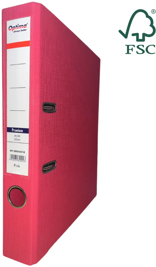 Optima - Clasic & Premium Biblioraft A4, plastifiat PP/PP, margine metalica, 50 mm, Optima Premium - pink