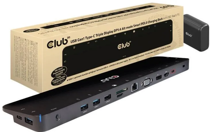 Docking Station CLUB 3D ChargingDock USB-C ->5xUSB3/DP/HDMI/VGA/LAN 100W