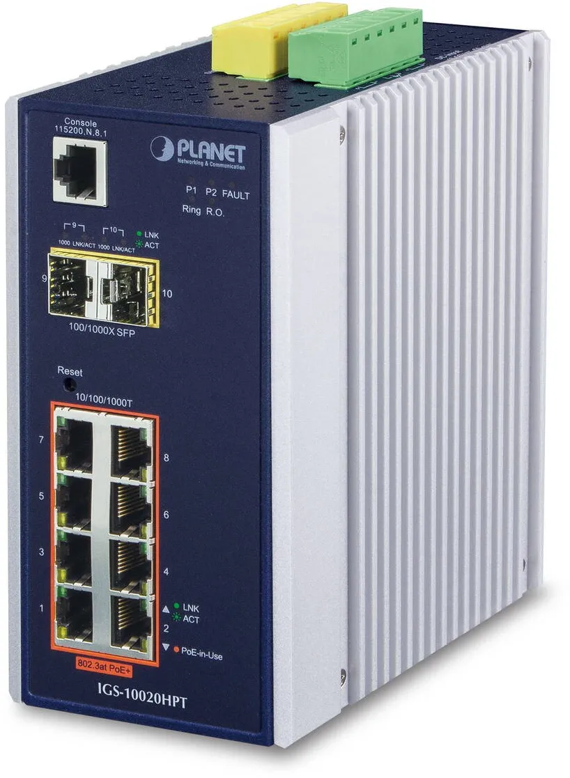 Switch Planet Industrial 8-Port 10/100/1000T 802.3at PoE + 2