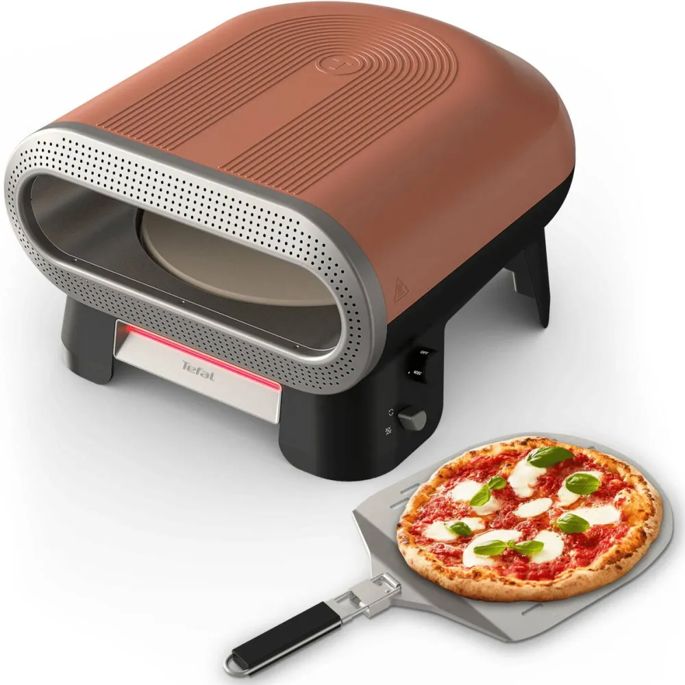 TEFAL Cuptor electric pentru pizza Pizza Pronto JM600TE0, 2600 W, 4 trepte de temperatura, piatra rotativa automata, accesoriu pentru feliat pizza, paleta pentru pizza, maro & argintiu
