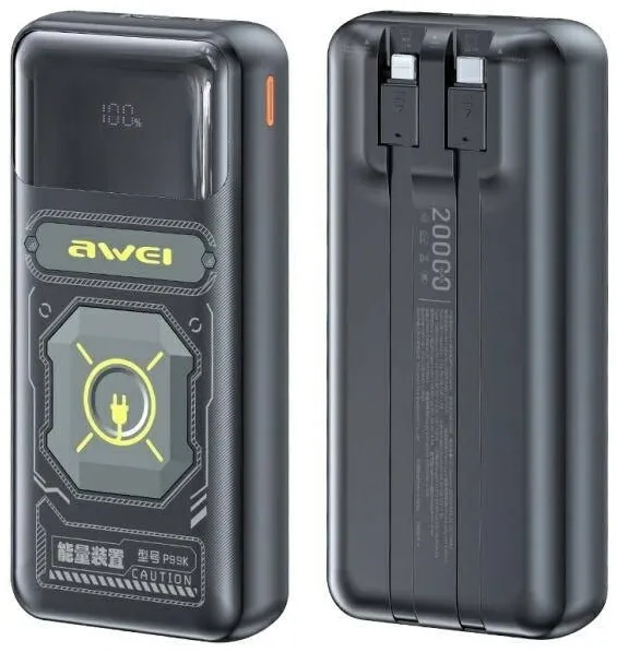 AWEI Baterie externa Awei 20000mAh, neagra, cu cabluri integrate USB-C si Lightning, dimensiuni 146x67x28mm