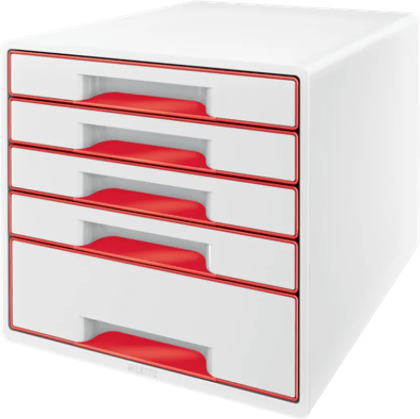 Leitz Cabinet cu sertare LEITZ WOW, 5 sertare, PS, reciclabil, A4, cu tavita organizare, alb-rosu