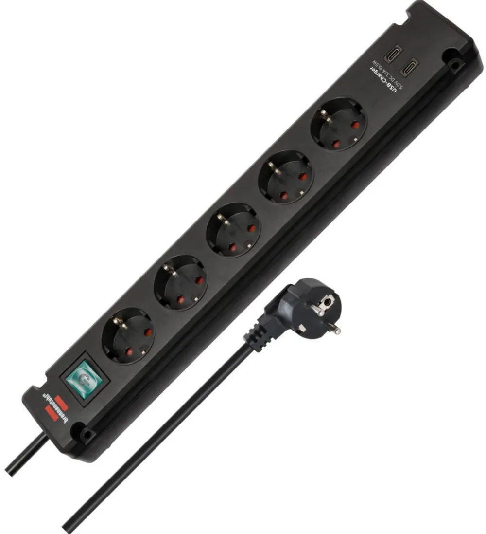 Brennenstuhl Brennenstuhl Bremounta 5-way power strip, 2x USB-C black, 3 meter cable, 2x USB, with safety switch