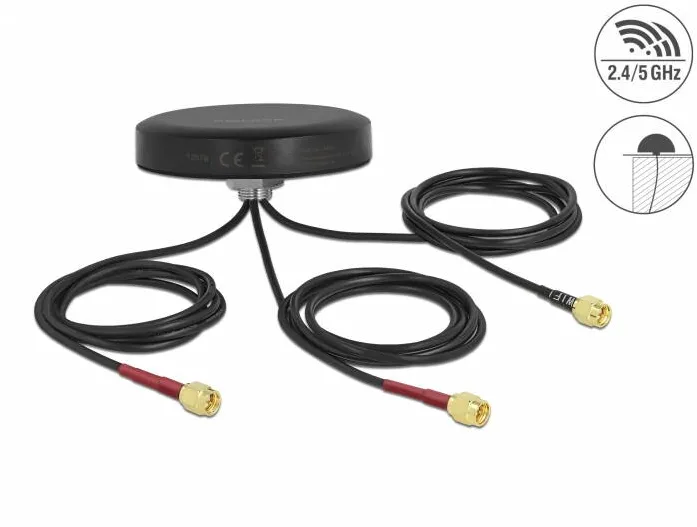 Accesoriu Retea DELOCK Antena cu banda dubla LTE MIMO WLAN 802.11 ac/ax/a/h/b/g/n 3 x SMA tata RG-174 1 m montare cu surub in exterior, negru