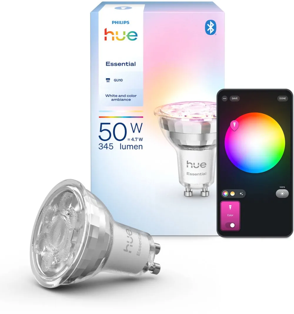 Philips Hue Spot LED smart Philips Hue Essential WCA 345 GU10, 345 lm, 4.7 W, lumina alba calda si rece (2200-6500 K), IP20, control vocal, clasa energetica F
