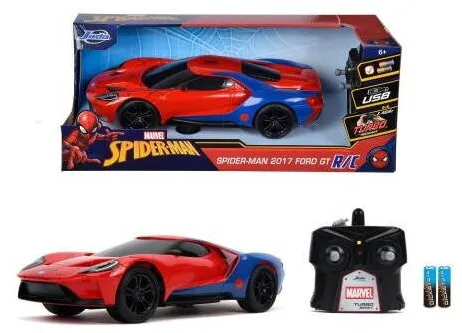 Masina Jada RC Spiderman 2017 Ford GT 1:16, design rosu-albastru, Turbo Boost, set complet cu controler si cablu USB