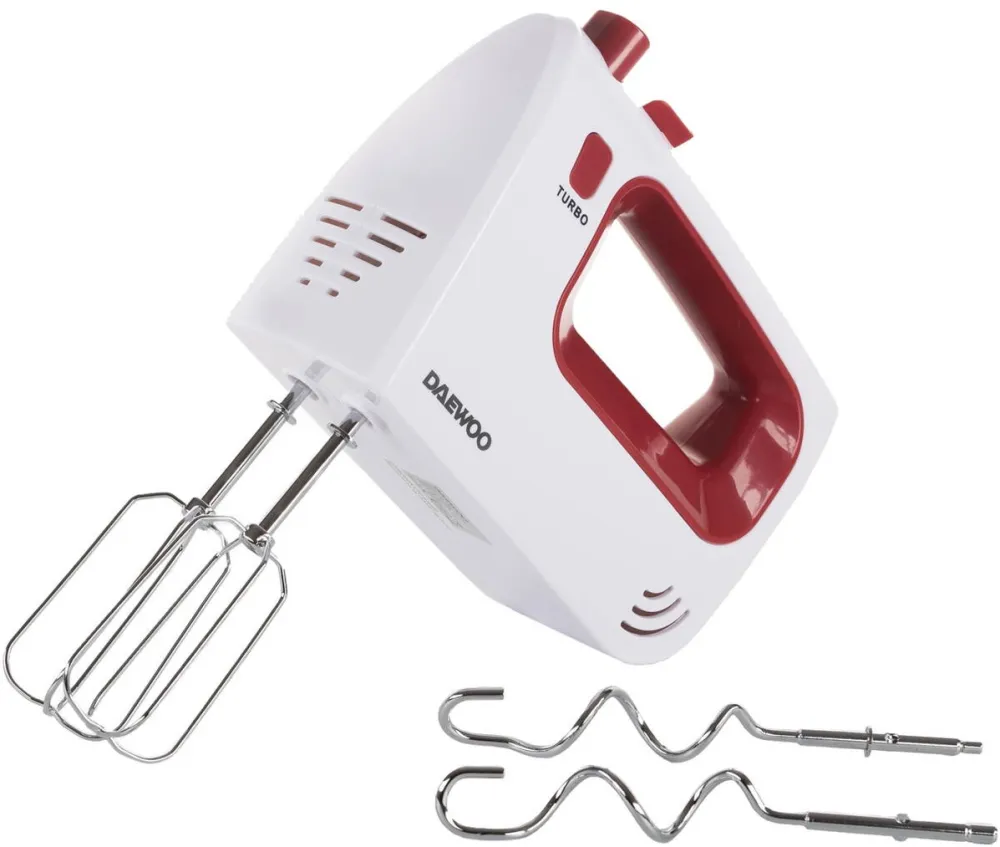 DAEWOO Mixer de mana DHM122R, 300 W, 5 viteze, functie Turbo, accesoriu framantare, palete amestecare, carcasa ABS, Rosu