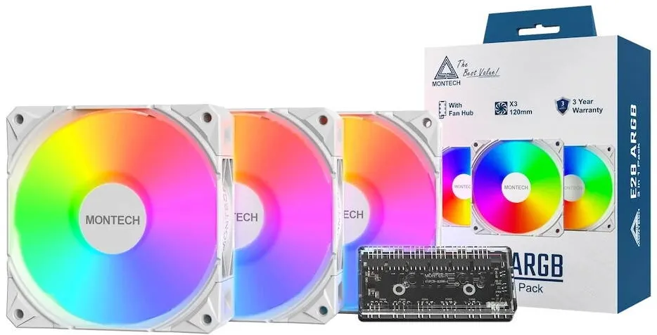 Montech Kit 3 ventilatoare PC 120x120x28mm, Montech E28, PWM, ARGB, Alb