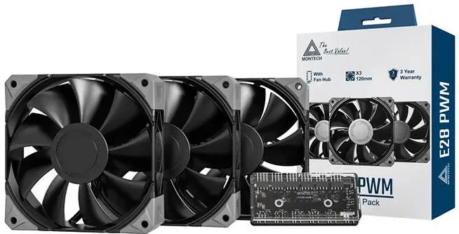 Montech Kit 3 ventilatoare PC 120x120x28mm, Montech E28, PWM, Negru