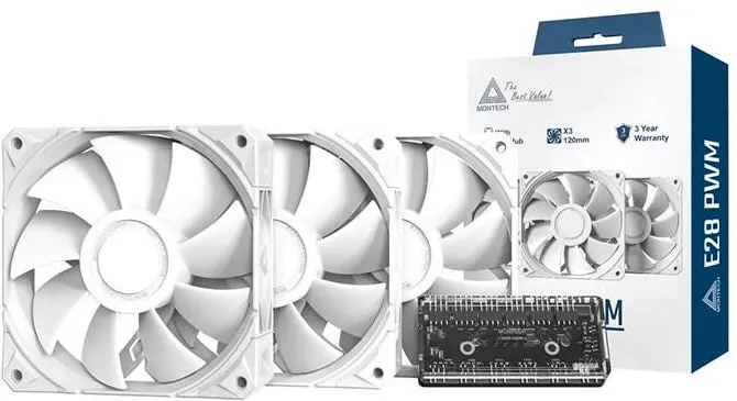 Montech Kit 3 ventilatoare PC 120x120x28mm, Montech E28, PWM, Alb