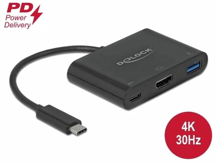 Adaptor DELOCK 64091, USB Type-C la HDMI 4K 30 Hz cu USB de Tip-A si USB Type-C PD