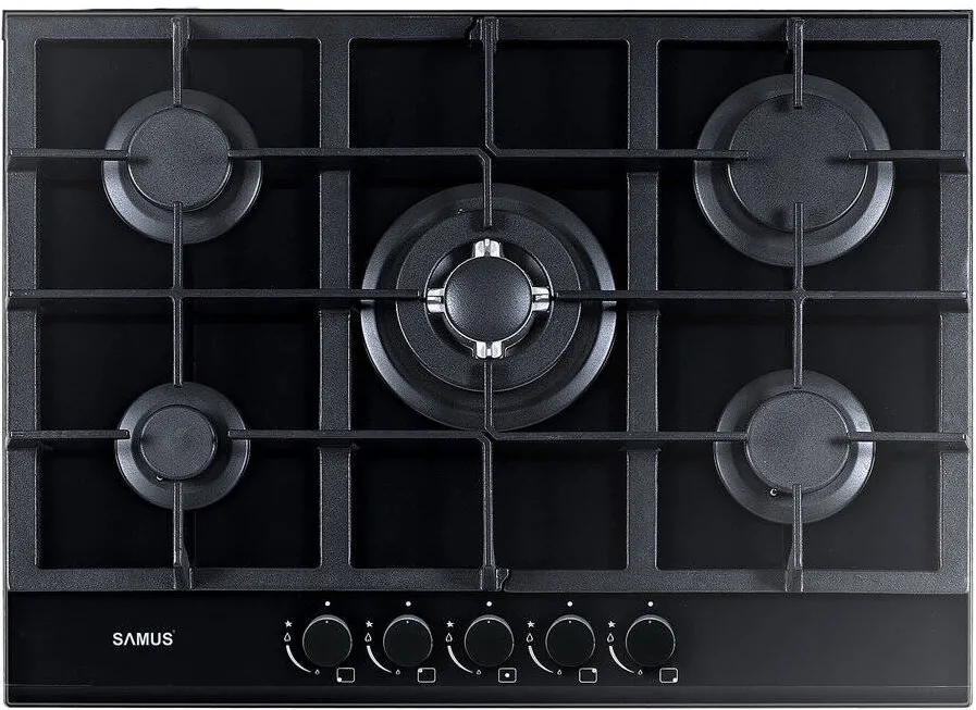 Plita Samus incorporabila PSG-75SG Latime 68cm 5 arzatoare pe gaz Gratare din fonta Panou de control frontal Sticla neagra