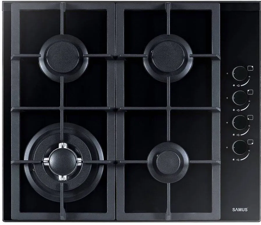 Plita Samus incorporabila PSG-64SG4 Gaz 4 arzatoare Gratare fonta Aprindere electrica 58x50 cm Sticla neagra
