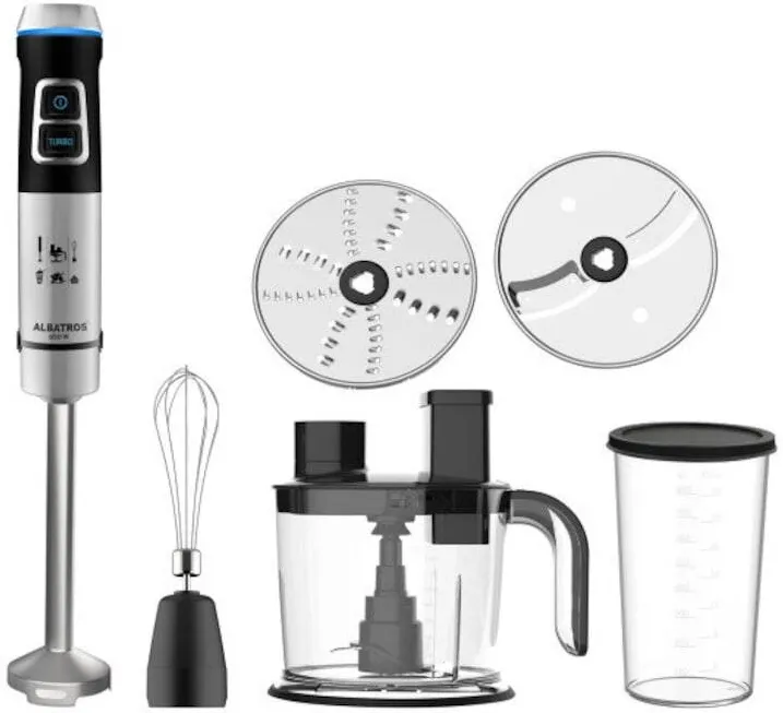 Robot de bucatarie Albatros MR850A, Putere 850 W, Turatie reglabila, Functie Pulse, Lama dubla inox, Tel inox, Vas 1,5 L, Pahar 0,8 l, Negru/ Inox