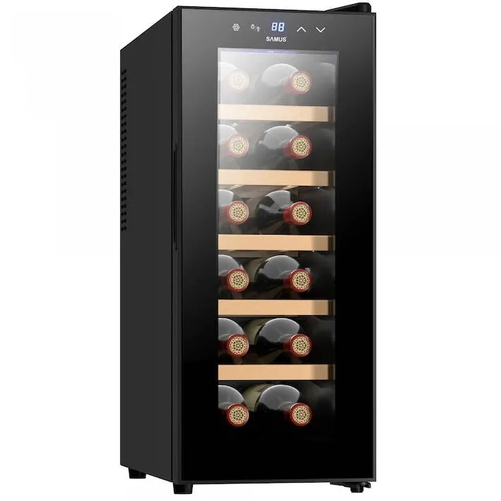 Racitor pentru vin Samus SRV38LM12, 33 L, Capacitate 12 sticle, Clasa energetica F, Mod racire termoelectric, Afisaj Electronic, H 65.2 cm, Negru