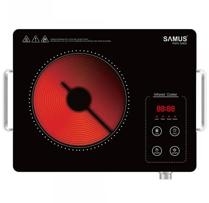 Plita Samus electrica vitrocerPSVFE-11BG3, 2000 W, 1 arzator, 10 nivele de putere, timer, protectie la supraincalzire, blocare acces copii, Negru