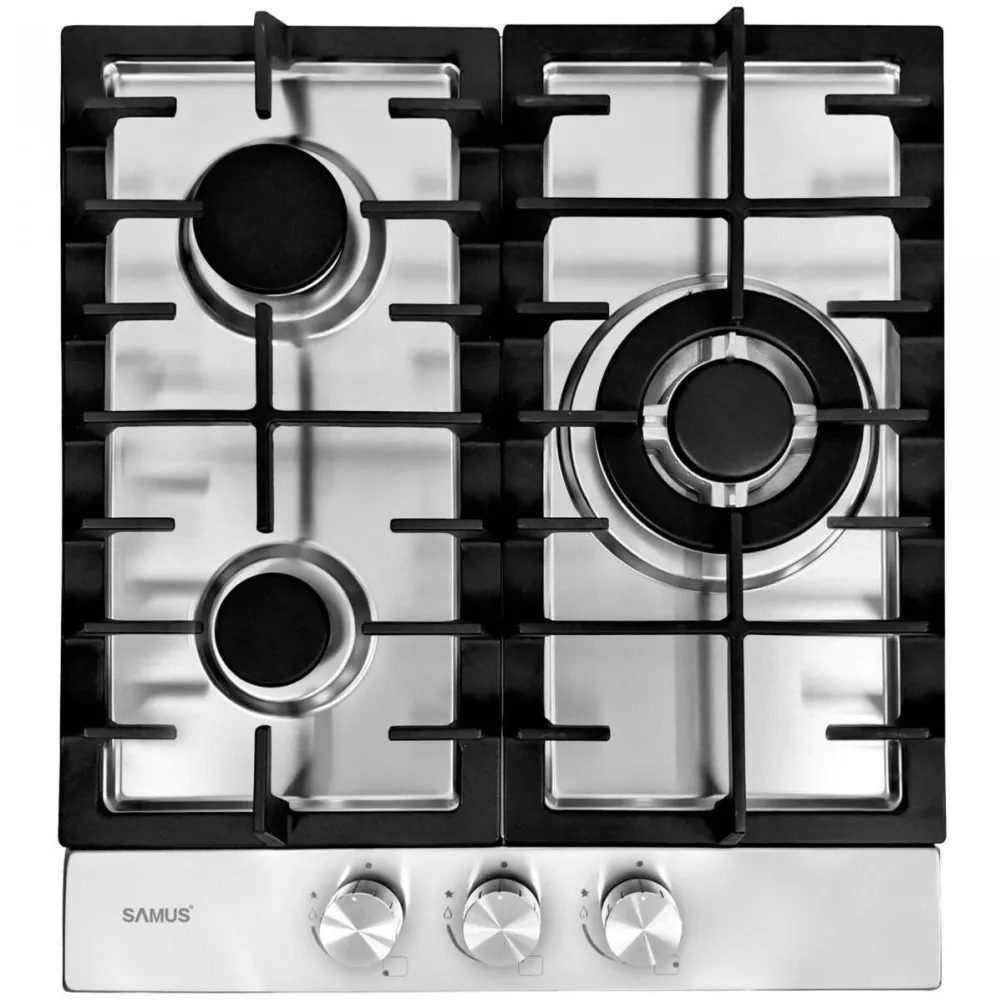 Plita Samus pe gaz incorporabila PSG-43SX1, 3 arzatoare, arzator Wok, putere 6.2 kW, aprindere electrica, dispozitiv siguranta arzatoare, suport din inox, gratare din fonta, argintie