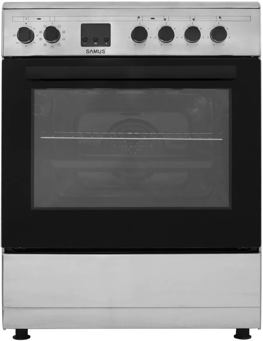 Aragaz electric SM664VTE, 4 zone de gatit vitroceramice, latime 60 cm, cuptor cu 10 functii, grill, convectie 3D, timer digital, lumina interioara, argintiu