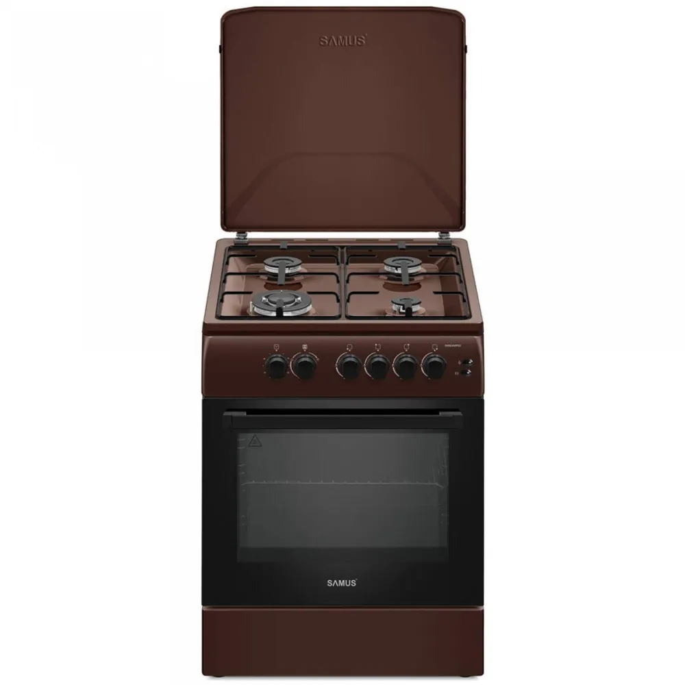 Aragaz pe gaz SM664MPGS, 4 arzatoare, cuptor pe gaz 70 litri, 1 arzator Wok, aprindere electrica, dispozitiv siguranta plita si cuptor, timer, grill, latime 60 cm, maro