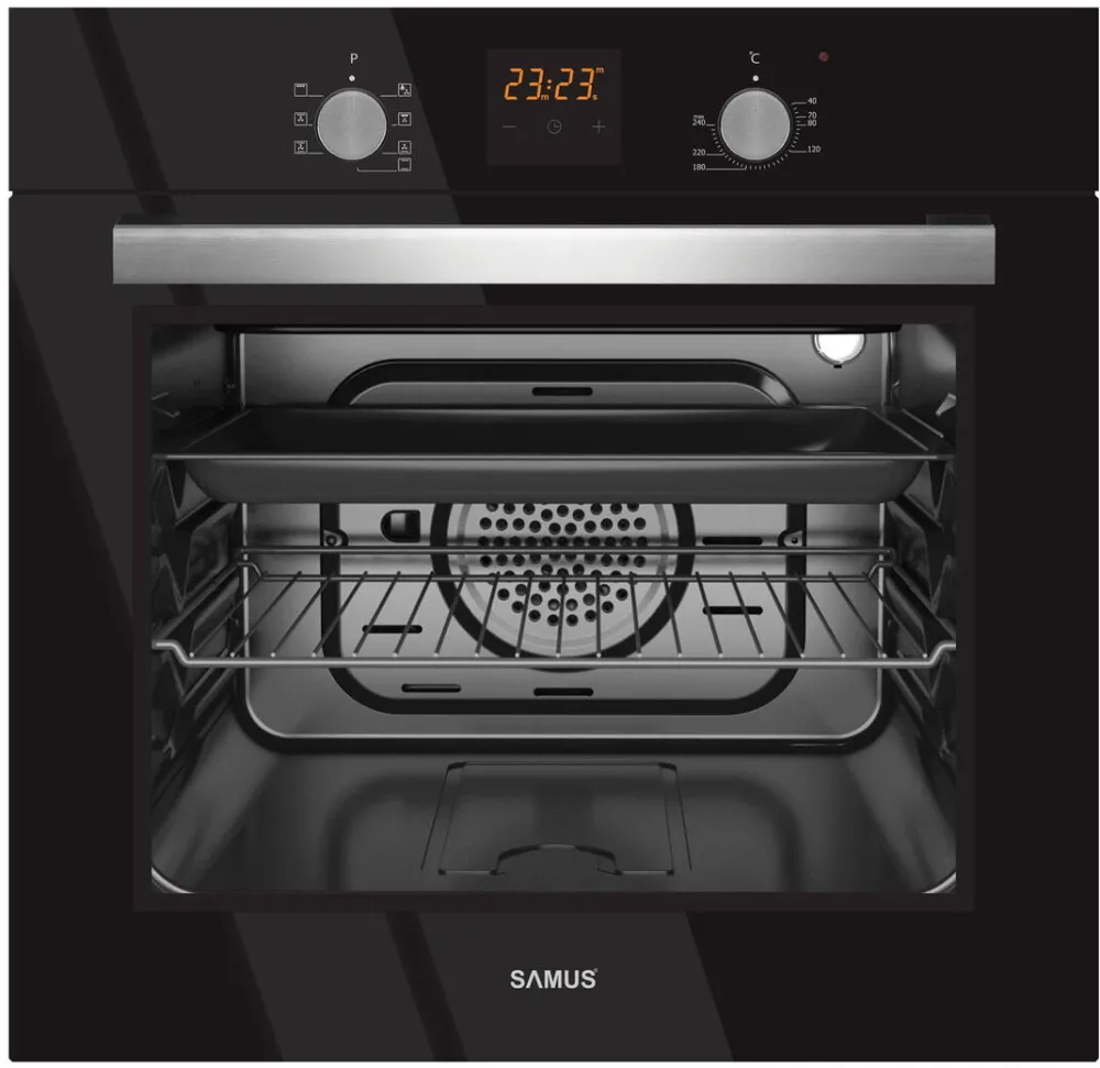 Cuptor electric incorporabil Samus SC619EGV, clasa A, 62 litri, 6 functii, grill, ventilator, timer, afisaj LCD, 2200 W, negru
