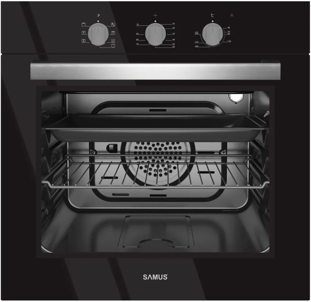 Cuptor electric incorporabil Samus SC618TGV, clasa A, 58 litri, 6 functii, grill, ventilator, timer, 2200 W, negru