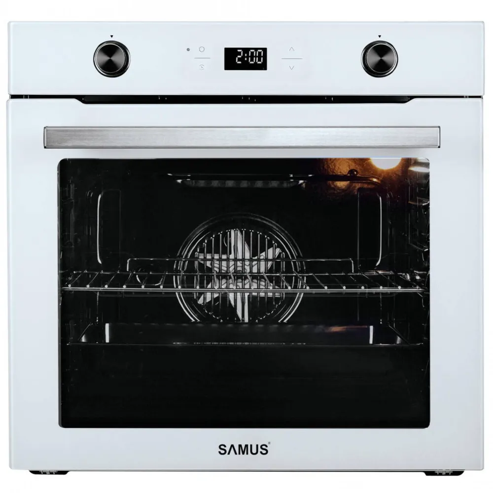 Cuptor electric incorporabil Samus SC626WGD9, clasa A, 75 litri, 9 functii, grill, ventilator, convectie 3D, functie pizza, functie dezghetare, timer, display digital, 2800 W, alb