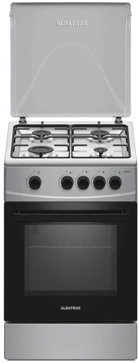 Aragaz pe gaz AL452BXS, 4 arzatoare, cuptor pe gaz 52 litri, dispozitiv siguranta plita si cuptor, geam dublu la cuptor, capac metalic, latime 50 cm, argintiu