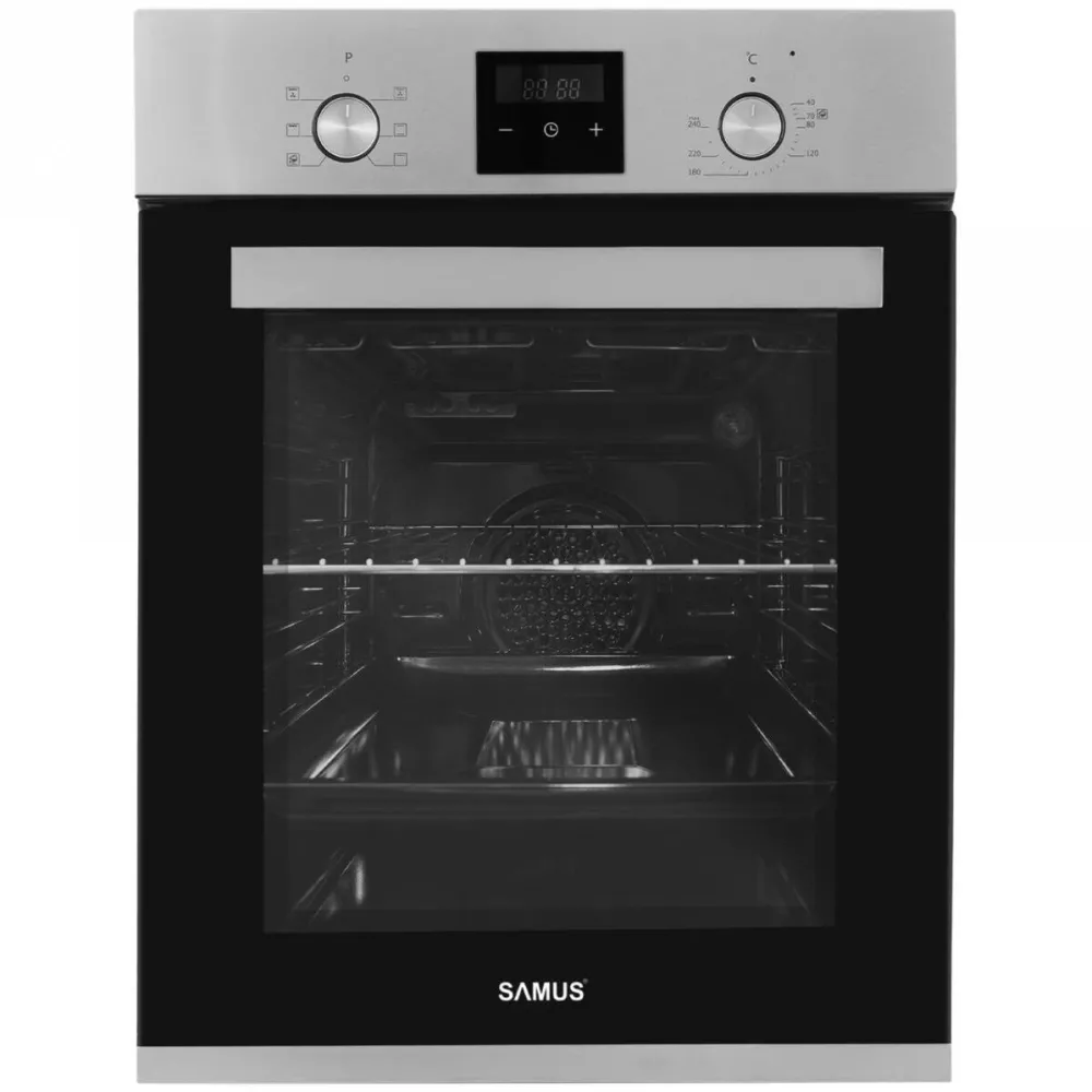 Cuptor electric incorporabil Samus SCE458GTXV, clasa A, 47 litri, 6 functii, grill, ventilatie, timer, afisaj digital, blocare acces copii, panou control din inox, 1900 W, argintiu