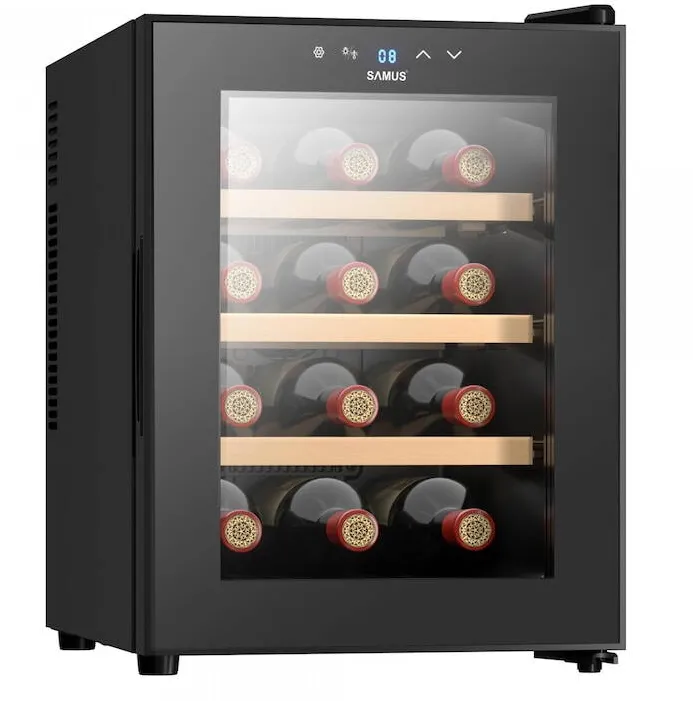 Racitor de vin Samus SRV37LM12, 33 L, 12 sticle, Mod racire termoelectric, Clasa energetica E, 3 rafturi lemn, Negru