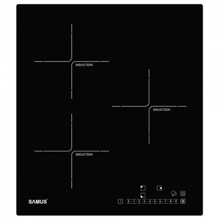 Plita incorporabila inductie Samus PSI-43BG1, latime 45 cm, 5800 W, 3 zone de gatit, Touch control, setari putere in 9 trepte, sticla neagra
