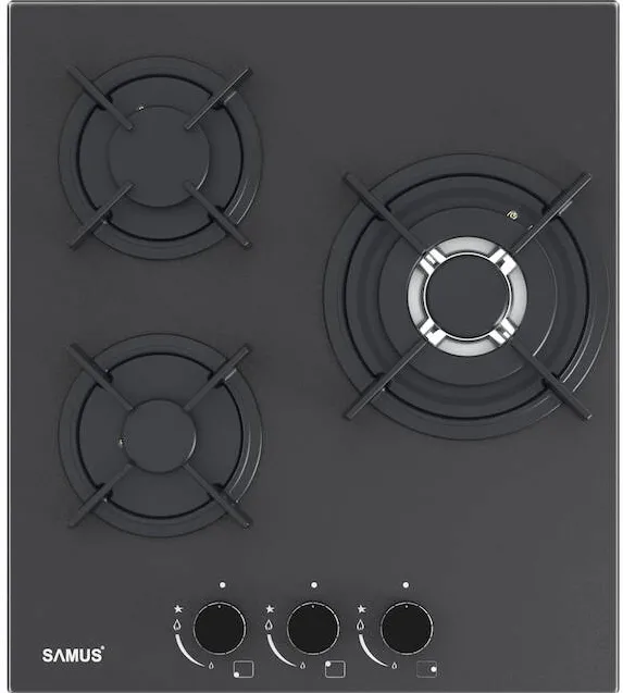 Plita incorporabila Samus PSG-43SMGN1, 3 Arzatoare gaz, Gratare individuale fonta, Latime 45 cm, Aprindere electrica, Sticla Nano neagra mata