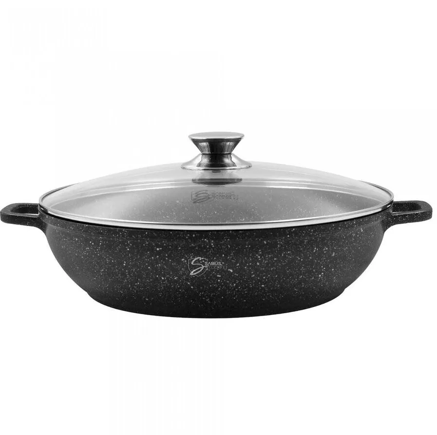 Cratita din Aluminiu Turnat Samus TOL281-CC 4.1L 28x8CM Invelis Marmura Antiaderenta Capac Sticla Termorezistenta Negru