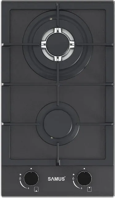 Plita Samus incorporabila PSG-32SMGN1, 2 Arzatoare, Gratar fonta, Latime 29.4 cm, Aprindere electrica, Sticla Nano neagra mata