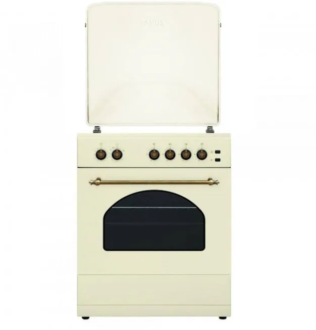 Aragaz rustic SR660S4C1, 4 arzatoare (1Wok), Cuptor pe gaz, 55 L, Gratare din fonta, Aprindere electrica plita, Timer mecanic, Beige
